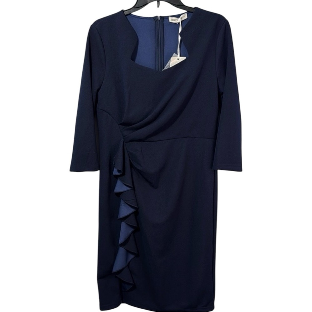 Grace Karin‎ Dress Navy Midi Vintage Ruched Ruffled Square Neckline Size L NWT
